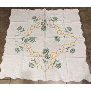 vintage hand embroidered linen tablecloth MCM 46" square topper cross stitch
